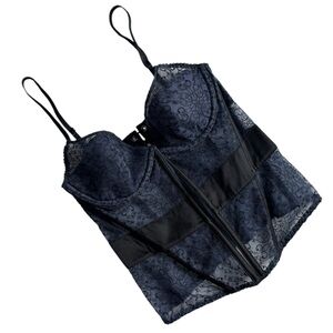 Victoria's Secret Lace Up Back Embroidered Corset Bra Top Navy Black Womens‎ 34C